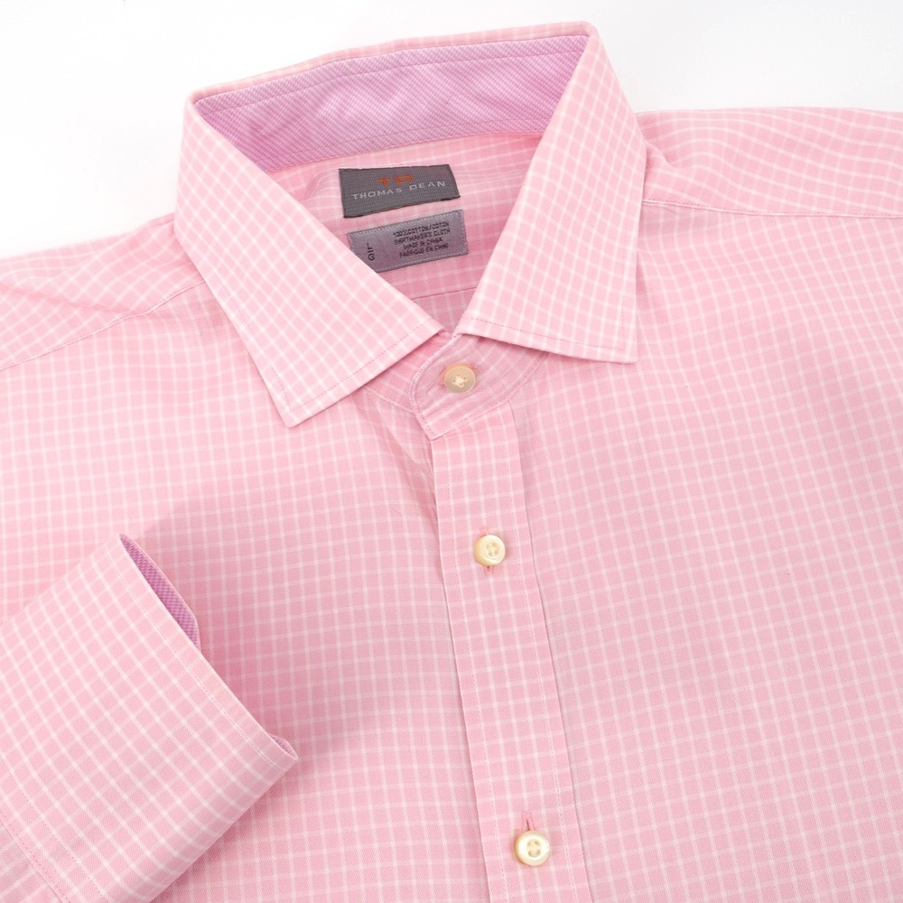 Thomas‎ Dean Pink White Gingham Check Dress Shirt Long Sleeve Button Up Men L